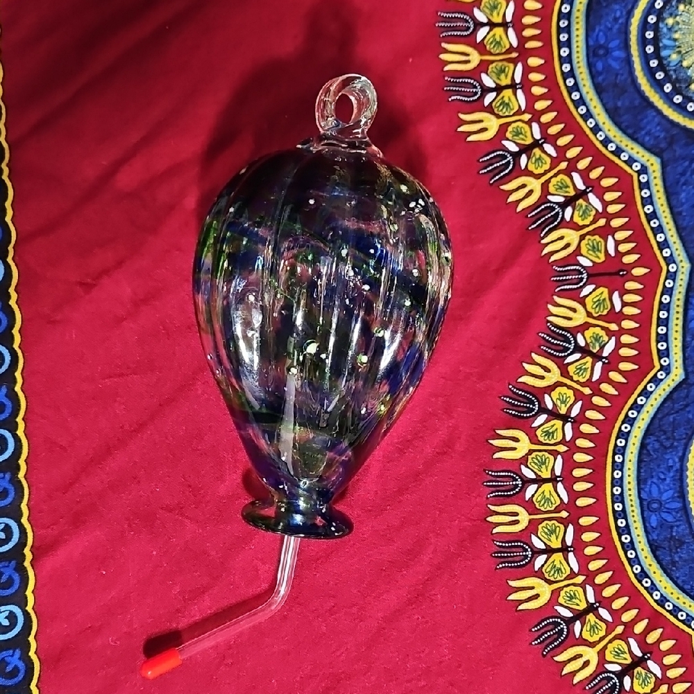 Colorful Handblown Glass Hummingbird Feeder,  Glow in the Dark